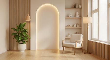 A bright and airy modern interior features a light wood floor. A comfortable white armchair with a wooden frame sits near a tall floor lamp. To the left, a large potted plant stands beside a wall with vertical wood paneling. An illuminated arched niche with shelves holding decorative items is a focal point. Large windows allow natural light to enter.の写真素材