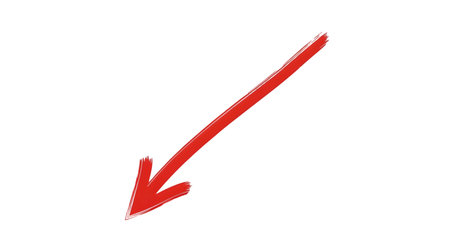 A bold, hand-drawn red arrow with a brush stroke texture points diagonally downwards on a black background. The arrow is simple and direct, indicating a downward movement or direction. High quality image with transparent background support.の写真素材