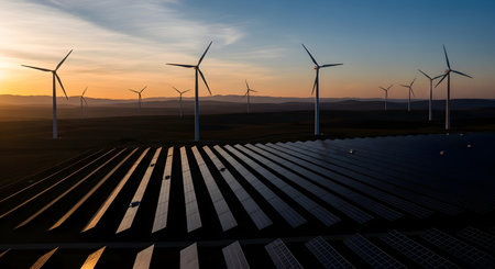An aerial perspective of a large solar farm with rows of solar panels in the foreground, leading towards a landscape dotted with numerous wind turbines on rolling hills. The scene is bathed in the warm light of sunrise, with a gradient sky of orange and blue.の写真素材