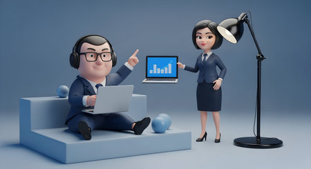 Two stylized 3D cartoon characters in business attire are depicted in a modern setting. A man wearing headphones sits on a tiered platform with a laptop, while a woman stands beside him, pointing at a laptop displaying a financial growth chart. A desk lamp illuminates the scene, suggesting a collaborative work environment focused on business analysis and strategy.の写真素材