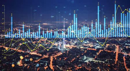 A vibrant cityscape at night is overlaid with a complex array of financial data visualizations. Blue bar graphs and yellow line charts representing stock market trends and economic indicators are superimposed over the illuminated buildings and streets, creating a dynamic fusion of urban life and financial information.の写真素材