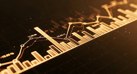 An abstract, golden-hued financial chart is displayed at an angle. It features a combination of rising bar graphs and intersecting line graphs, indicating market trends and data. Small glowing particles are scattered across the dark background, adding a sense of depth and dynamism.の写真素材