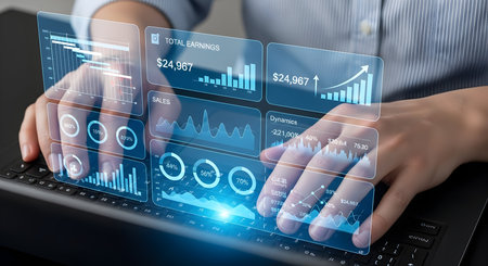 Close-up of hands interacting with a holographic display showing various financial charts and graphs. The interface presents data on total earnings, sales, and market dynamics with percentages and numerical values. The visuals are bright and futuristic, indicating advanced data analysis.の写真素材