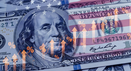 A close-up view of US hundred dollar bills, featuring Benjamin Franklin's portrait. Overlaid on the currency is a subtle American flag pattern and a composite of financial charts and graphs with upward-pointing arrows and percentage symbols, suggesting economic growth and financial markets in the United States.の写真素材