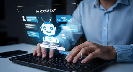 A person's hands are shown typing on a laptop keyboard. In front of the laptop, a transparent, holographic screen displays an AI assistant interface. The interface shows a chat conversation with a robot avatar, text messages, and a command prompt.の写真素材