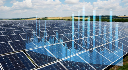 Image showing solar panel field with overlayed financial data charts. High resolution image suitable for commercial use. Clear details and vibrant colors enhance visual appeal.の写真素材