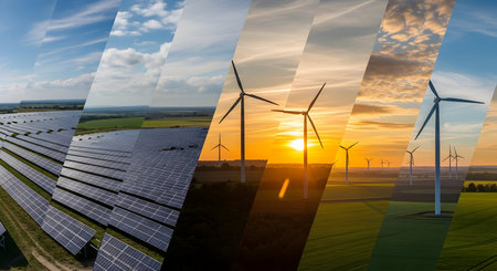 A segmented collage displays different aspects of renewable energy. One segment shows a vast field of solar panels, while others feature wind turbines against a sunset sky and in green fields. The image is divided diagonally, showcasing various landscapes and energy technologies.の写真素材