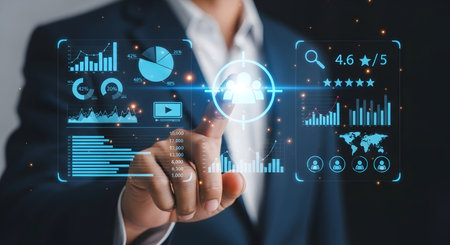 A person in a dark suit is pointing a finger at a vibrant digital interface. The interface displays...