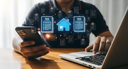 A person's hands are shown using a smartphone and a laptop. Digital icons representing tax documents, houses, and various other files float in the air between the devices, suggesting an online process for managing property and tax-related information. The scene is set on a wooden desk with soft lighting.の写真素材