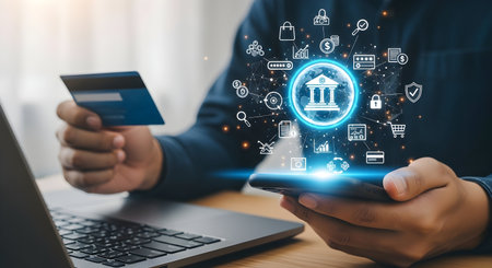 A person holds a credit card in one hand and a smartphone in the other, interacting with a digital...