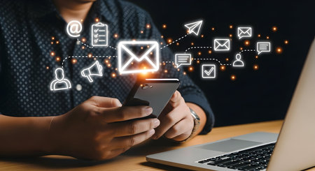 A person is holding a smartphone, with a prominent email icon at the center of a network of...