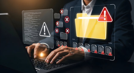Businessman working on laptop computer with warning icon on screen. Internet security concept.