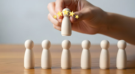 Concept of leadership, teamwork and success. Businessman hand placing golden star on the top of...