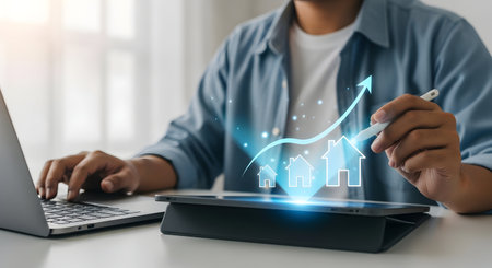 Businessman hand drawing a graph of growth and increase in real estate market.