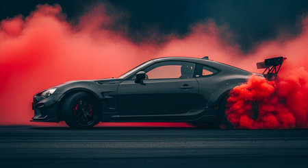 A sleek black sports car is captured in a dynamic drift, emitting a thick cloud of vibrant red smoke...