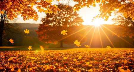 Whisk showing autumn landscape with falling leaves and sunbeams. Clear details and vibrant colors...