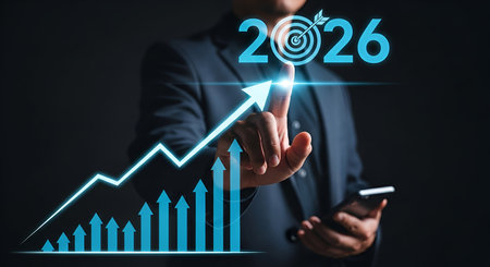 A businessman in a suit points his finger towards a glowing target with the year 2026 superimposed...