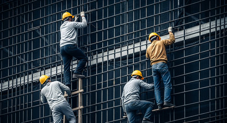 Four construction workers, wearing yellow hard hats, are actively climbing a vertical grid of steel rebar on a building under construction. They are using the rebar as handholds and footholds, demonstrating physical effort and a focus on their task. The dark, metallic grid dominates the background.の写真素材