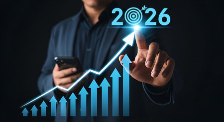 A businessman in a suit touches a digital screen displaying a glowing target with the year 2026. An...