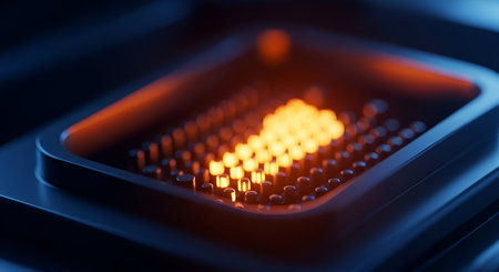 A close-up, macro view of a section of a microchip or electronic component. Rows of small, cylindrical pins are visible, with a cluster in the center glowing intensely with an orange, fiery light. The surrounding structure is dark blue, creating a stark contrast and highlighting the illuminated elements. The image conveys a sense of advanced technology and energy.の写真素材
