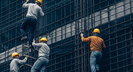 Several construction workers wearing yellow hard hats are climbing on a dense grid of steel rebar. Some are using a ladder, while others are scaling the vertical bars. The background shows a dark, unfinished building structure. The scene depicts the active process of building a high-rise structure.の写真素材
