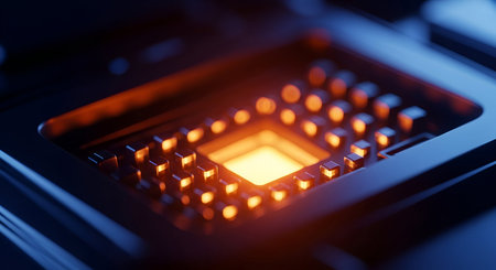 An extreme close-up shot focuses on a glowing orange and yellow computer processor chip. The intricate details of the chip's surface and surrounding components are visible, with subtle blue lighting adding a futuristic and technological feel. The image highlights the complexity and power of modern computing hardware.の写真素材