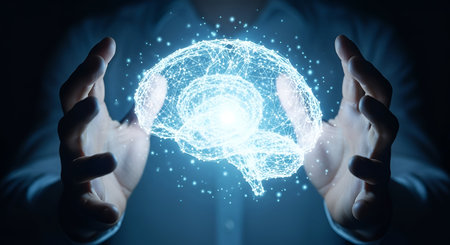 A luminous, intricate digital representation of a human brain, formed by a network of glowing blue...