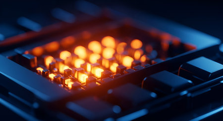 A detailed macro shot focuses on a section of a dark, futuristic electronic component or circuit board. Rows of small, square-shaped elements are intensely illuminated with a bright orange glow, suggesting active power or heat. The surrounding dark material is sharp, creating a strong contrast with the glowing elements.の写真素材