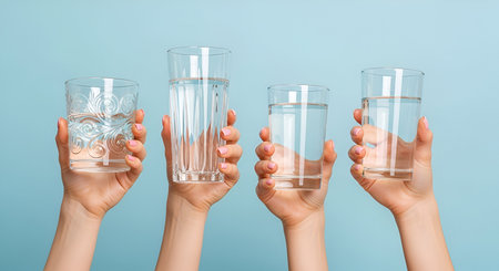 Four hands are raised against a solid blue background, each holding a different glass filled with clear water. The glasses vary in shape and design, with some being plain and others featuring etched patterns. The focus is on the water and the act of holding the glasses, suggesting themes of hydration and purity.の写真素材