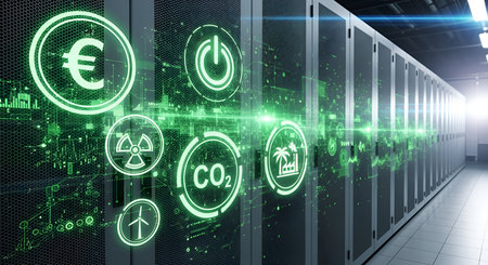 Rows of tall server racks fill the background of a data center. Overlaying the scene are glowing...