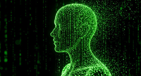 A profile silhouette of a human head is formed entirely from glowing green binary code against a dark, abstract background. The code appears to be falling or streaming, creating a sense of digital data flow and artificial intelligence.の写真素材