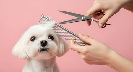A close-up shot shows a person's hands grooming a small, fluffy white dog. One hand holds a silver comb to the dog's head, while the other uses silver scissors to trim its fur. The dog has large, dark eyes and a gentle expression. The background is a solid, soft pink.の写真素材