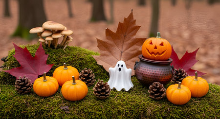 A charming Halloween scene set in a forest clearing. Miniature orange pumpkins, a white ceramic...