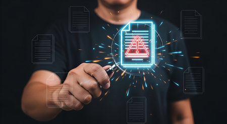 A person holds a magnifying glass over a glowing digital document displaying a red warning triangle. Surrounding the central document are other abstract document icons, with sparks and light effects emanating from the warning symbol. The background is dark, emphasizing the illuminated digital elements.の写真素材