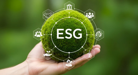 A person's hand gently holds a round, moss-covered sphere in the center. Digital icons representing...