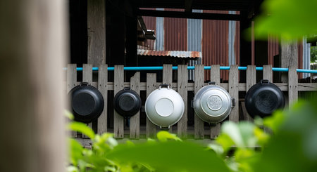 Several kitchen pots and pans are hanging from a weathered wooden fence. In the background, a rustic structure with a corrugated metal roof is visible. Green leaves frame the foreground, suggesting an outdoor, rural setting.の写真素材