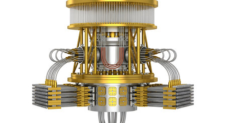 A detailed, three-dimensional rendering of a complex quantum computing device is presented against a...