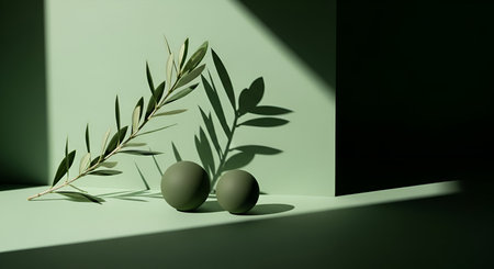 Minimalist still life with olive branch and spheres. High resolution image suitable for commercial use. Clear details and vibrant colors enhance visual appeal.の写真素材