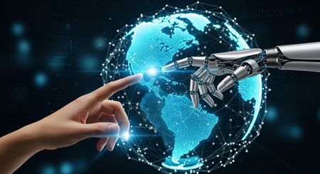 Hands showing human and robot hands touching digital earth. High resolution image suitable for...