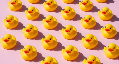 A repeating pattern of bright yellow rubber ducks is arranged in neat rows on a solid pink background. Each duck faces forward with its characteristic orange beak and eyes. The lighting creates soft shadows, giving the ducks a slightly three-dimensional appearance.の写真素材