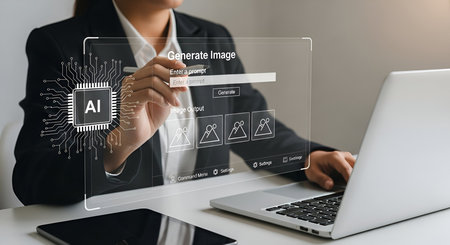 A person in a business suit is interacting with a holographic interface displaying an AI image generation tool. The interface shows a circuit board graphic labeled "AI," input fields for prompts, and preview windows for generated images. The person is using a stylus to interact with the screen while a laptop and tablet are visible on the desk.の写真素材
