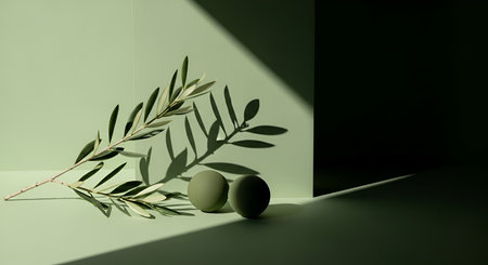 A minimalist still life composition featuring a delicate olive branch with green leaves resting on a pastel green surface. Two smooth, olive-colored eggs are placed next to the branch. Dramatic shadows are cast by the lighting, creating a strong contrast and a sense of depth.の写真素材