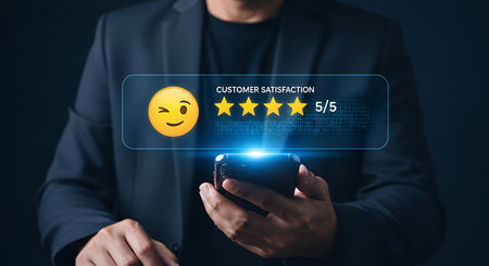 A person is holding a smartphone, displaying a digital interface for customer satisfaction. The screen shows a winking emoji, five yellow stars, and the text "CUSTOMER SATISFACTION 5/5". The background is dark and blurred, emphasizing the glowing interface and the concept of positive user feedback.の写真素材