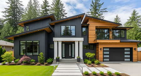 A striking modern luxury home features a dark vertical siding exterior contrasted with warm wood...