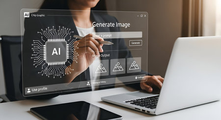 A woman in a dark jacket is shown interacting with a transparent screen displaying an AI image generation interface. She is holding a stylus and appears to be typing a prompt into a text field. The interface features a circuit board graphic, input and output sections with placeholder images, and various control buttons. A laptop and tablet are also visible on the desk.の写真素材