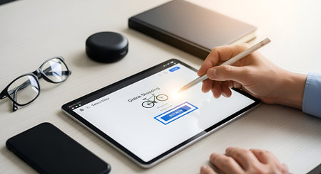 A close-up view of a person's hands interacting with a tablet device displaying an online shopping...