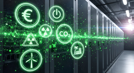 Rows of dark server racks in a data center are illuminated by a vibrant green digital overlay....