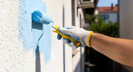 A close-up view shows a hand wearing a white and blue patterned glove holding a yellow and blue paint roller. The roller is actively applying light blue paint to a textured, off-white exterior wall. The background suggests an outdoor setting with hints of a building and greenery.の写真素材
