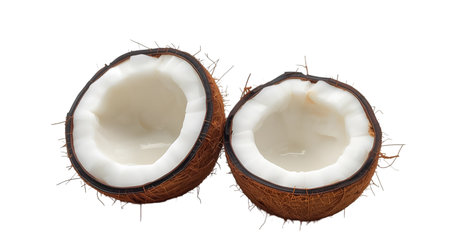 Two halves of a fresh coconut are displayed side-by-side on a clean white background. The outer...