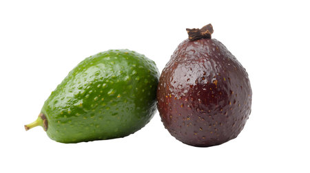 This image displays two avocados against a black background. The avocado on the left is a vibrant...